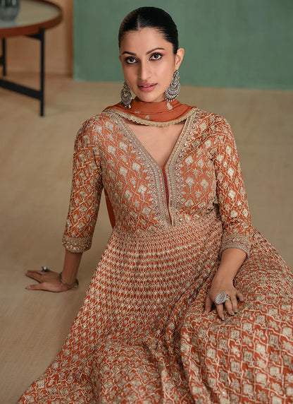 Orange Embroidered Anarkali Suit With Dupatta - Perfect for Indian and Pakistani Weddings and Festive Celebrations