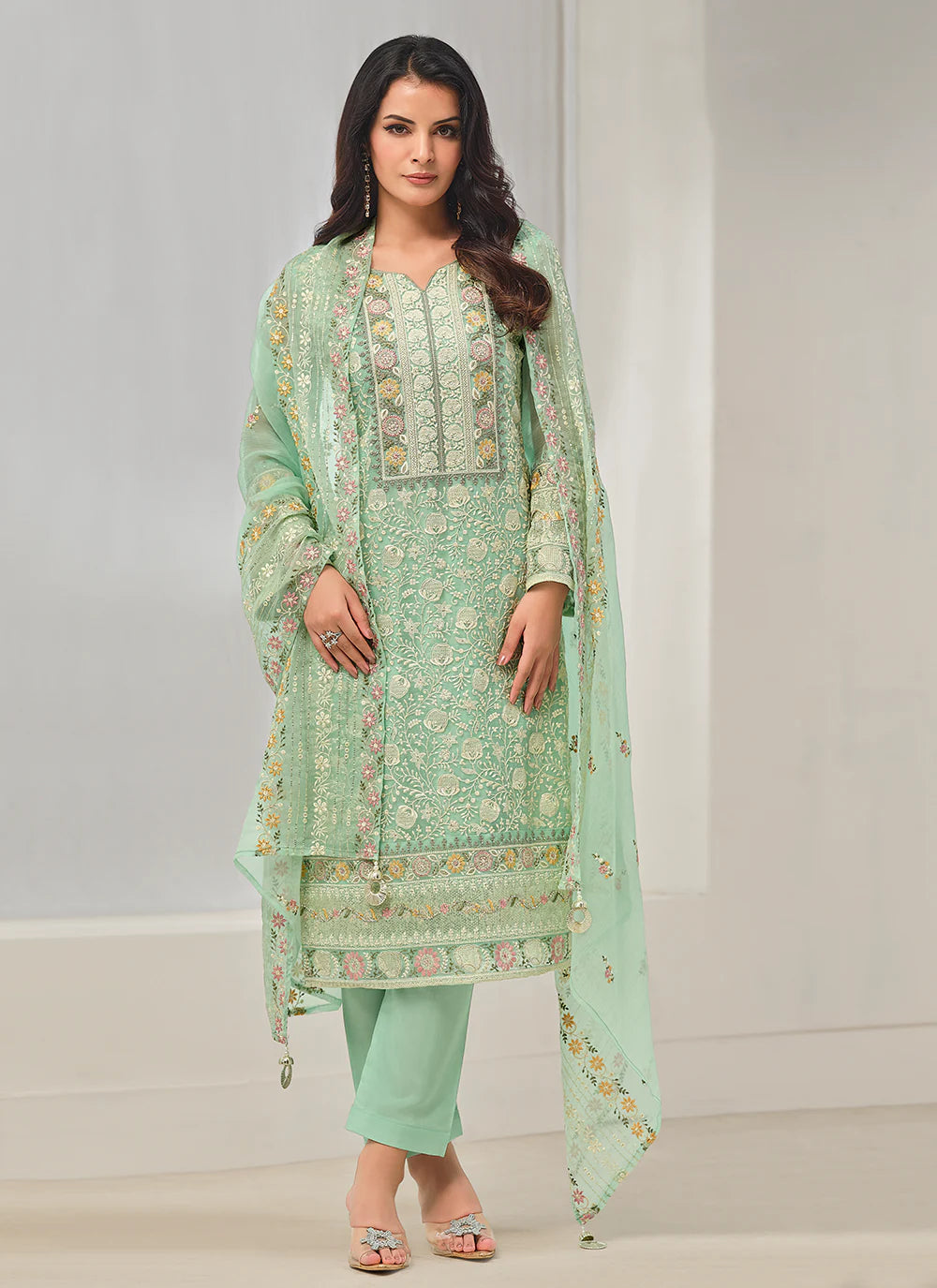 Shop online Designer Pista Green Organza Chiffon Embroidery Salwar Suit