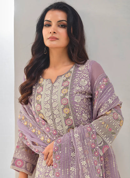 Designer Lavender Organza Chiffon Embroidery Salwar Suit-Perfect for Indian Festival and Pakistani Wedding