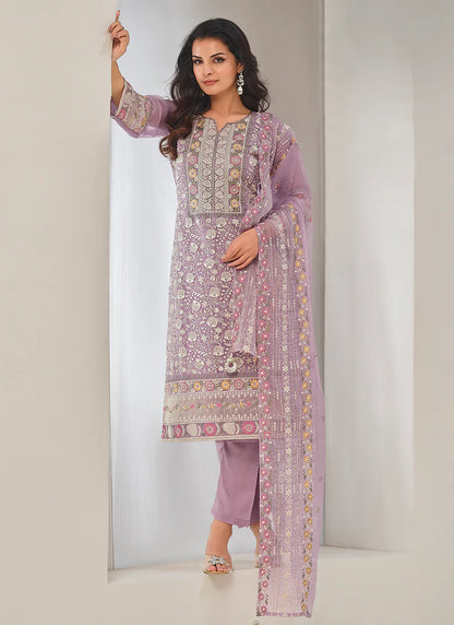 Designer Lavender Organza Chiffon Embroidery Salwar Suit-Perfect for Indian Festival and Pakistani Wedding