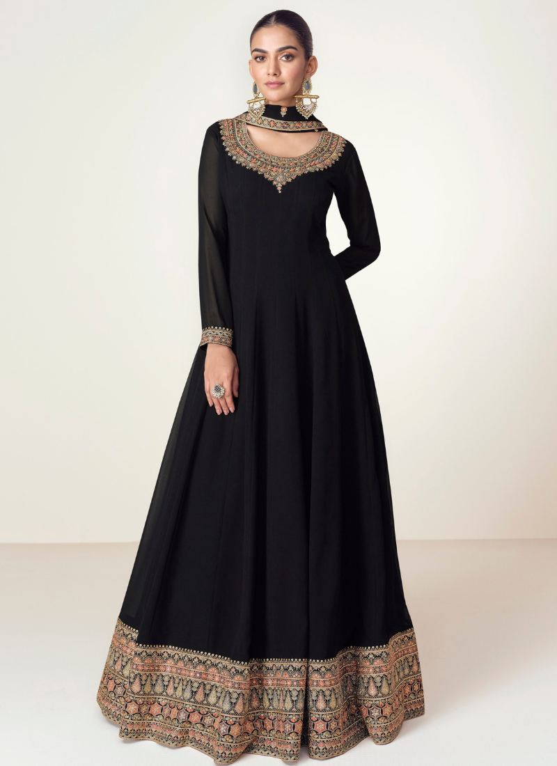 Shop Online Black Georgette Embroidered Anarkali Gown with Dupatta