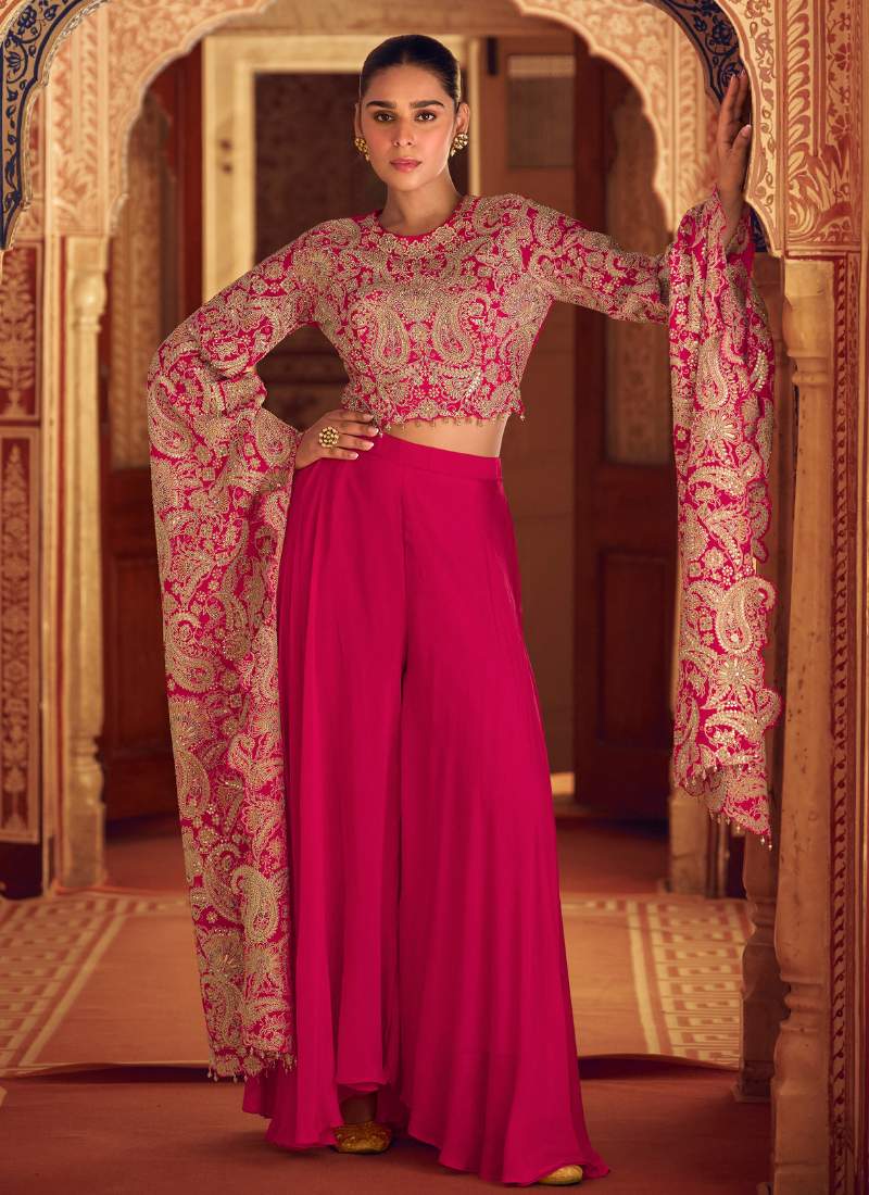 Designer Pink Silk Embroidered Cape Style Plazzo Suit for Indian Festivals and Pakistani Weddings