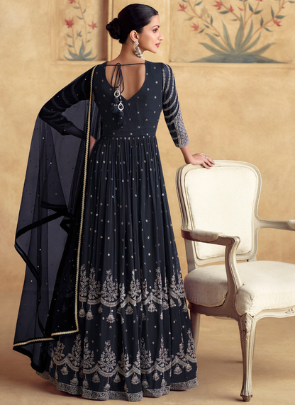 Dark Blue Georgette Embroidered Anarkali Suit with Dupatta for Pakistani Weddings and Indian Festivals