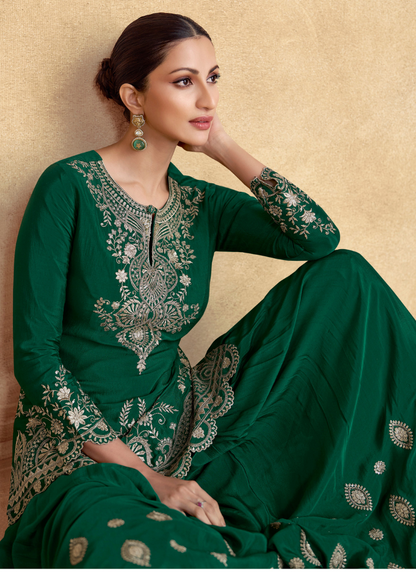 Designer Green Chinnon Silk Embroidered Sharara Suit with Dupatta – Perfect for Indian Wedding & Pakistani Festival