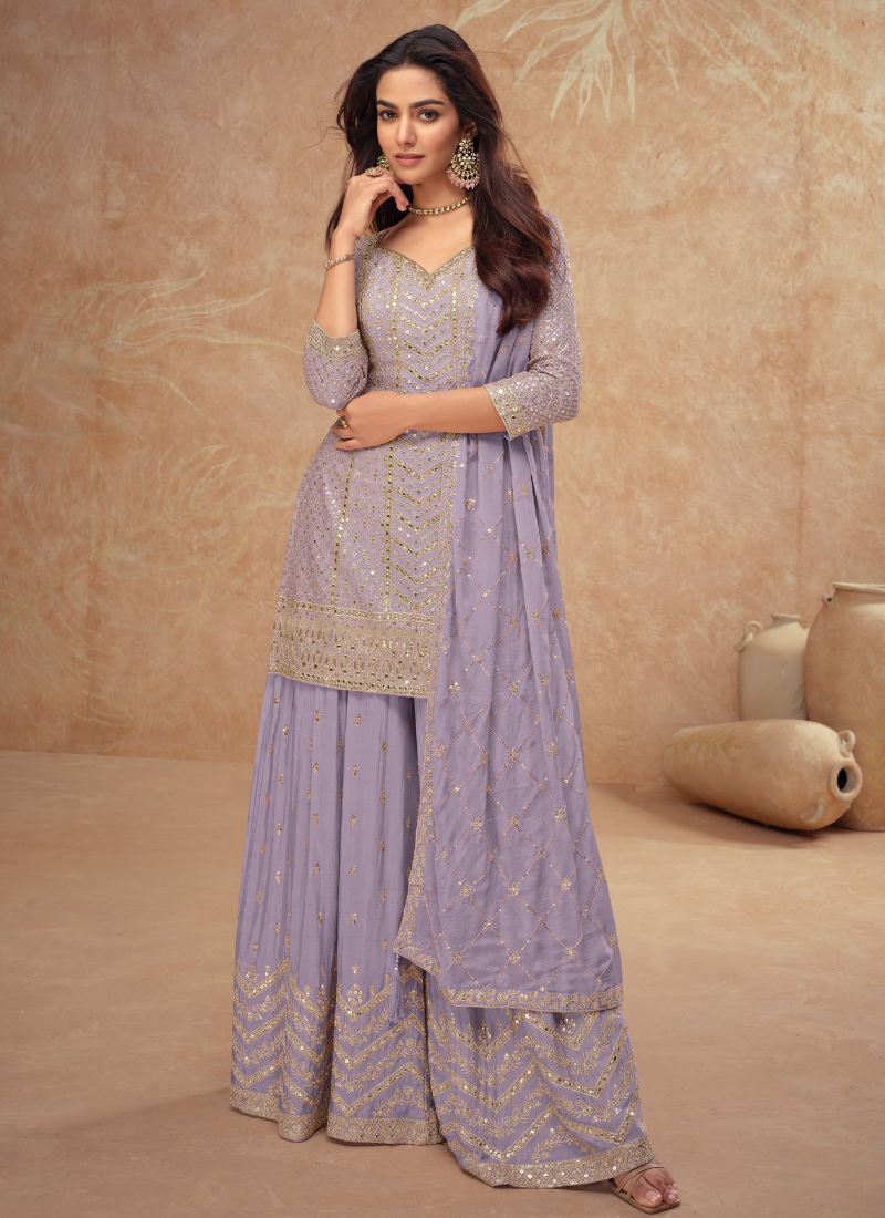 Designer Lilac Chinnon Sharara Suit with Dupatta for Pakistani Weddings and Indian Festivals – Embroidery Work