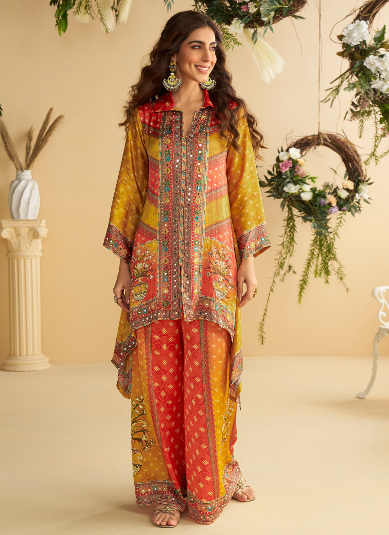 Mustard Yellow & Scarlet Red Crape Silk Printed Palazzo Set for Indian Wedding and Pakistani Festival