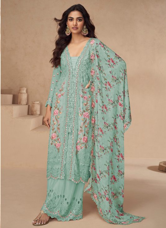 Sky Blue Chinnon Silk Embroidered Palazzo Suit with Dupatta for Pakistani Wedding and Indian Festival – Mirror and Thread Work