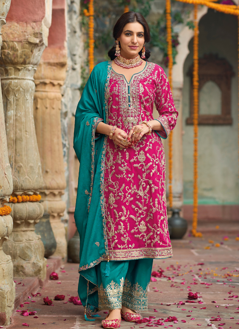 Magenta Chinnon Embroidered Salwar Kameez with Dupatta – Perfect for Indian and Pakistani Weddings