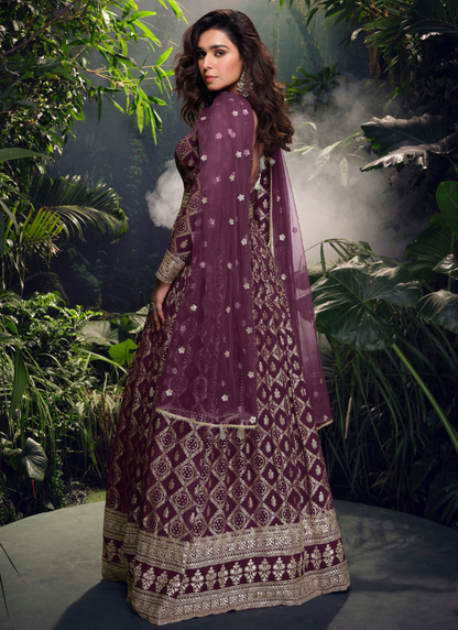 Wine Jacquard Silk Embroidered Anarkali Gown with Dupatta for Indian Wedding and Pakistani Festival