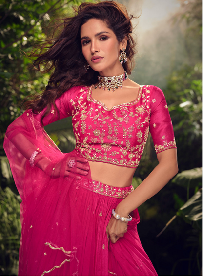 Hot Pink Chinnon Lehenga Choli with Net Dupatta for Pakistani Festival and Indian Wedding – Mirror and Zari Embroidery