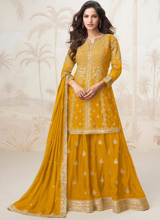 Mustard Yellow Chinon Silk Sharara Suit with Dupatta – Indian Pakistani Mehendi & Festival Wear
