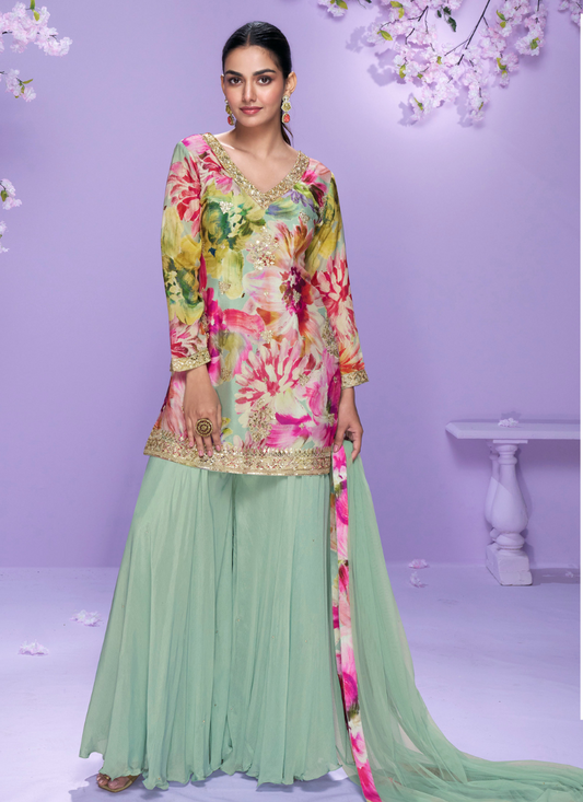Pastel Green Chinon Silk Palazzo Suit with Floral Print For Indian Wedding and Pakistani Festival