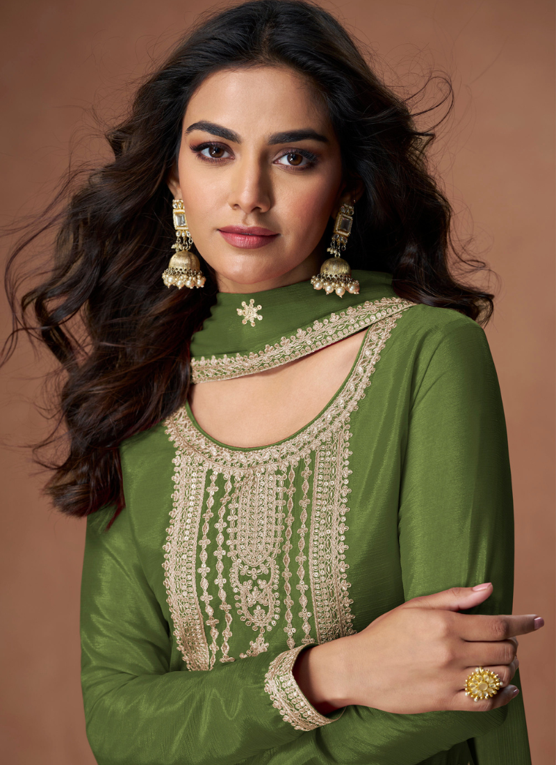 OLIVE GREEN CHINON SILK SALWAR KAMEEZ WITH DUPATTA FOR INDIAN FESTIVAL AND WEDDING