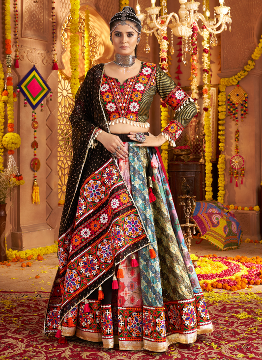 Multicolor Chaniya Choli with Dupatta for Navratri 2025 Garba Night – Mirror, Thread & Embroidery Work