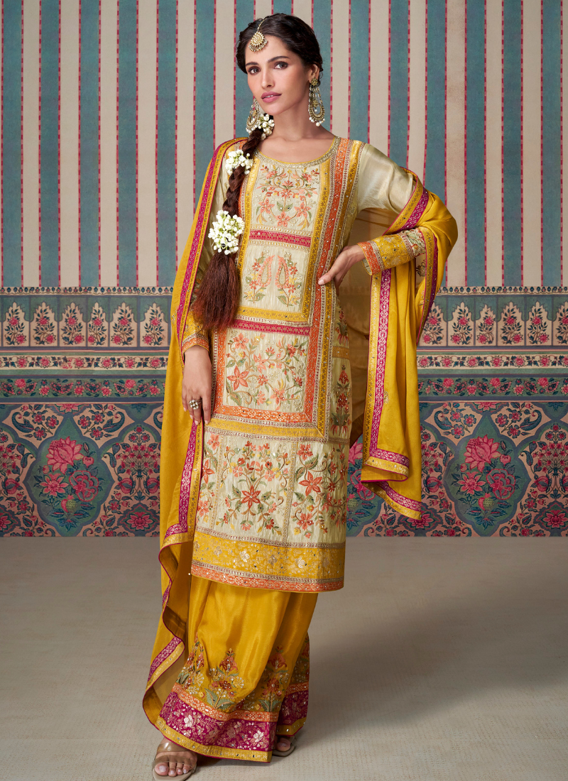 Buy Online Cream and Yellow Chinnon Embroidered Kameez with Palazzo and Dupatta