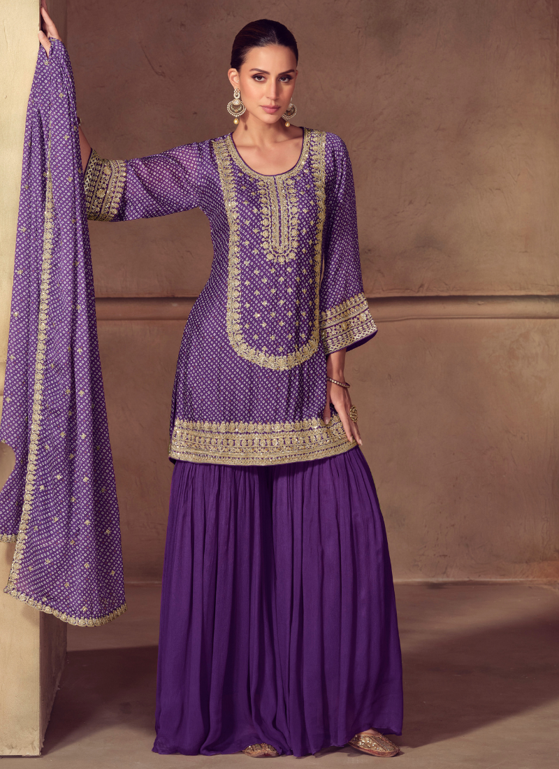 Purple Chinon Sharara Suit with Dupatta for Indian Wedding and Pakistani Festival