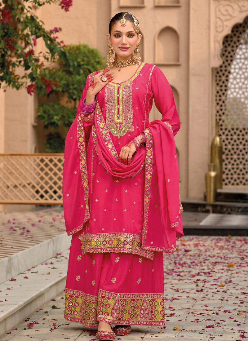 Pink Chinnon Embroidered Sharara Suit with Dupatta for Pakistani Weddings and Indian Festivals