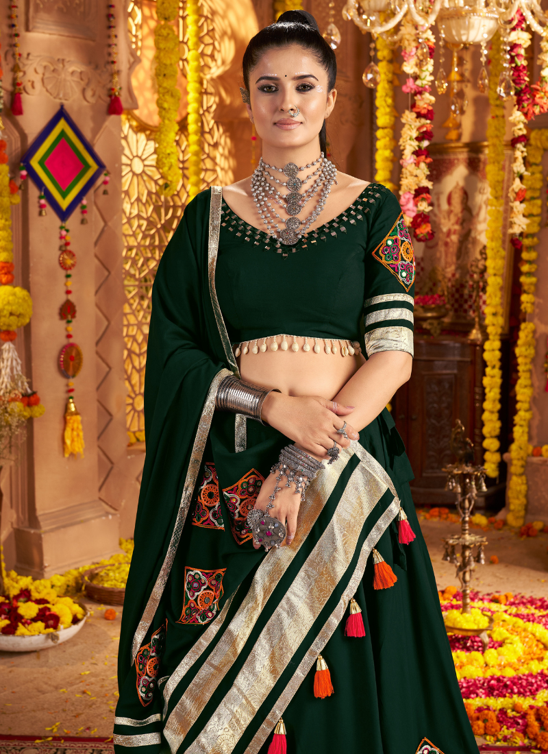 Dark Green Chaniya Choli With Dupatta For Navratri Garba – Mirror, Thread, Embroidery Work – Navratri 2025 Collection