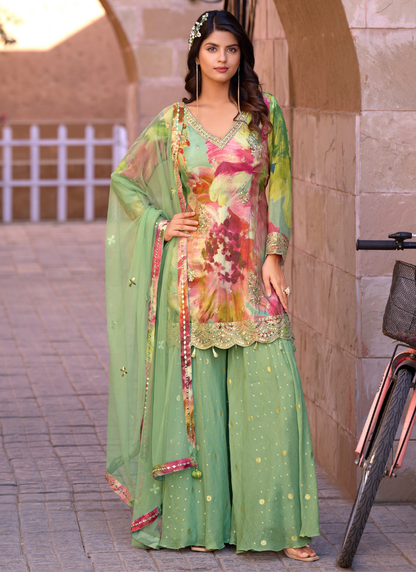 Mint Green Chinnon Embroidered Sharara Suit with Dupatta for Indian Wedding and Pakistani Festival – Zari and Sequin Detailing