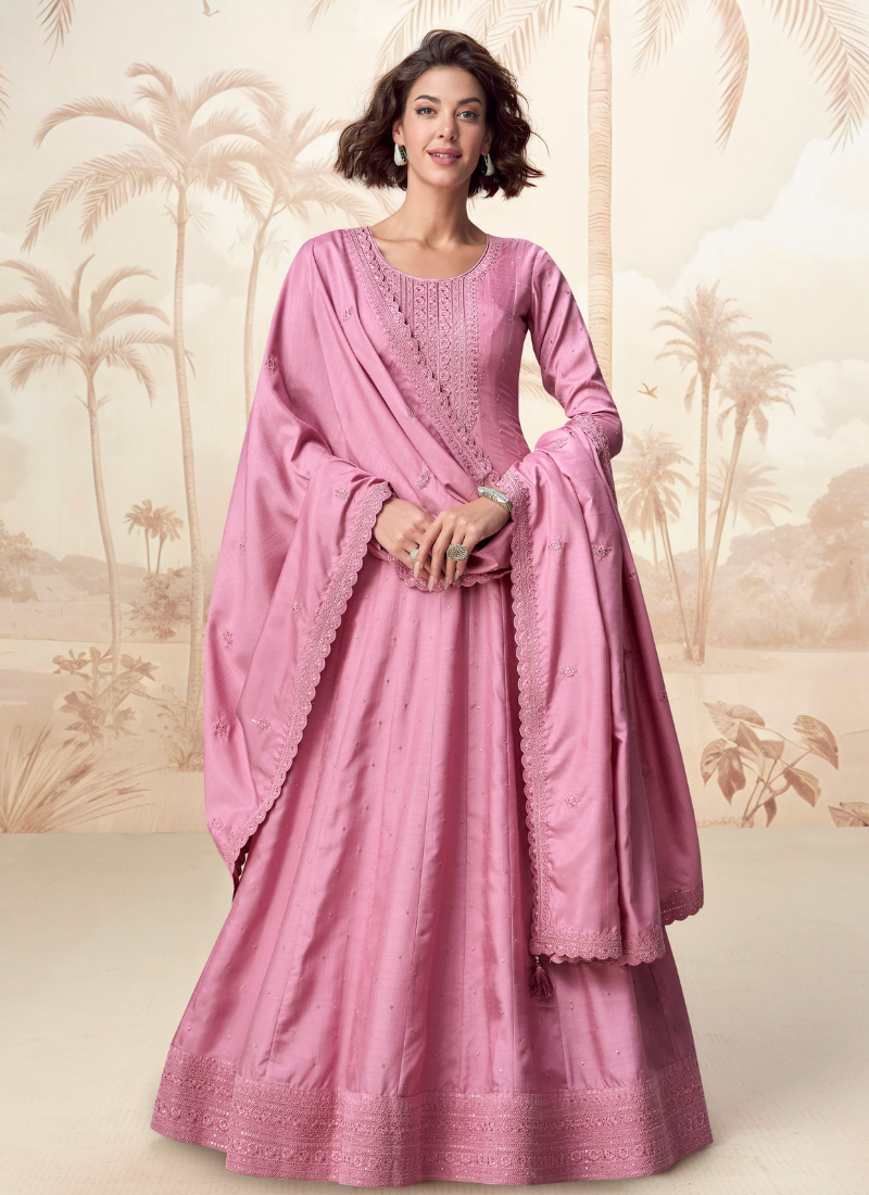 Pink Long Sleeve Silk Anarkali Gown with Dupatta for Indian Wedding Pakistani Festival 