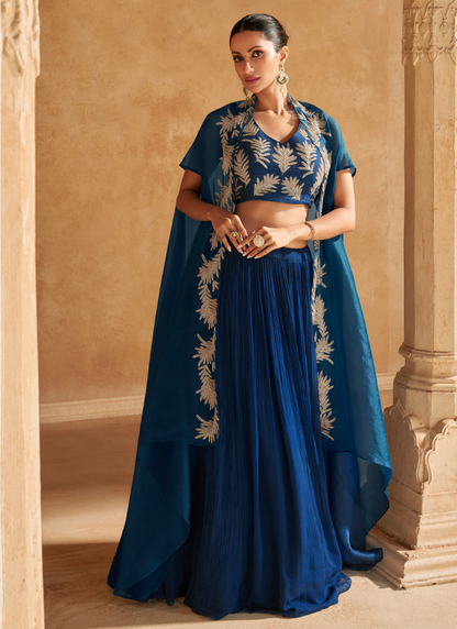 Blue Embroidered Lehenga Set with Cape Dupatta for Pakistani Festival and Indian Wedding