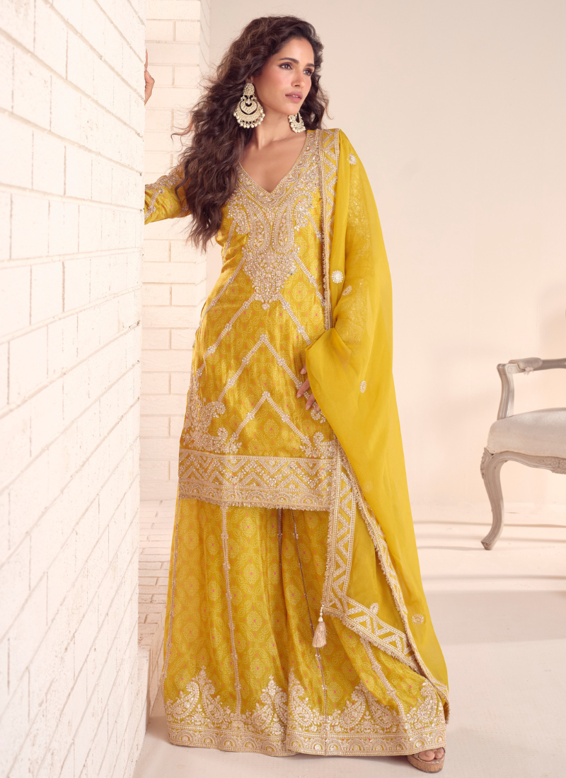 Mustard Yellow Chinon Palazzo Suit With Dupatta for Punjabi Wedding