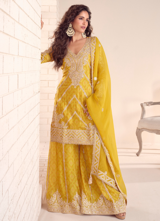 Mustard Yellow Chinon Palazzo Suit With Dupatta for Punjabi Wedding