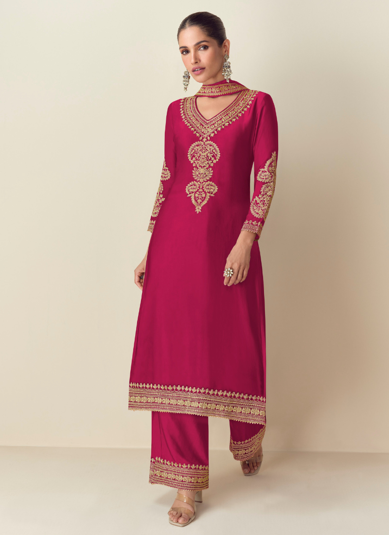 Buy Red Chinnon Silk Embroidered Straight Suit with Dupatta - 