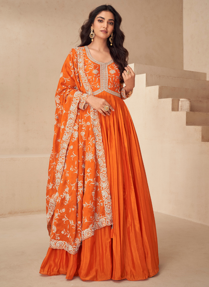 Orange Chinnon Silk Embroidery Anarkali Gown with Dupatta for Indian Festival and Pakistani Wedding - Thread Work