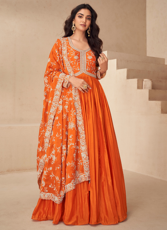 Orange Chinnon Silk Embroidery Anarkali Gown with Dupatta for Indian Festival and Pakistani Wedding - Thread Work