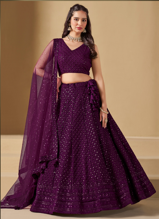 Designer Wine Georgette Lehenga Choli with Dupatta for Indian Wedding and Pakistani Festival