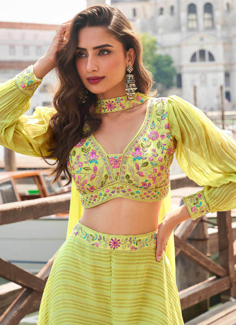 Lime Yellow Bridesmaid Palazzo Suit in Pure Viscose with Embroidery