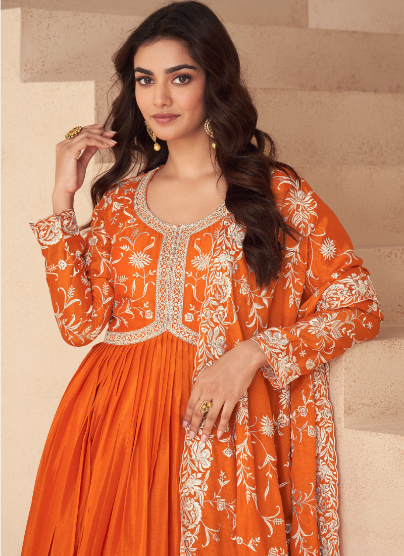 Orange Chinnon Silk Embroidery Anarkali Gown with Dupatta for Indian Festival and Pakistani Wedding - Thread Work