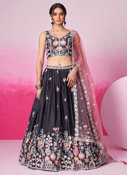 Elegant Grey Bridal Lehenga Choli with Multi-Hued Embroidery