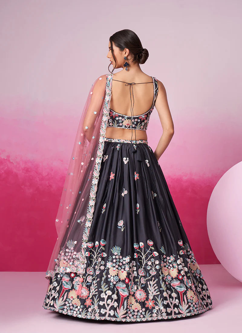 Elegant Grey Bridal Lehenga Choli with Multi-Hued Embroidery