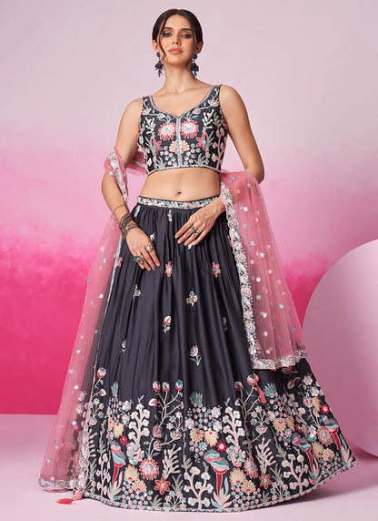 Elegant Grey Bridal Lehenga Choli with Multi-Hued Embroidery