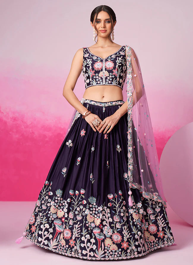 Elegant Purple Bridal Lehenga Choli with Multi-Hued Embroidery