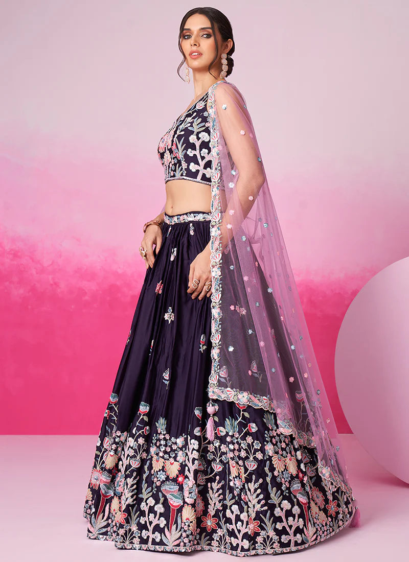 Elegant Purple Bridal Lehenga Choli with Multi-Hued Embroidery