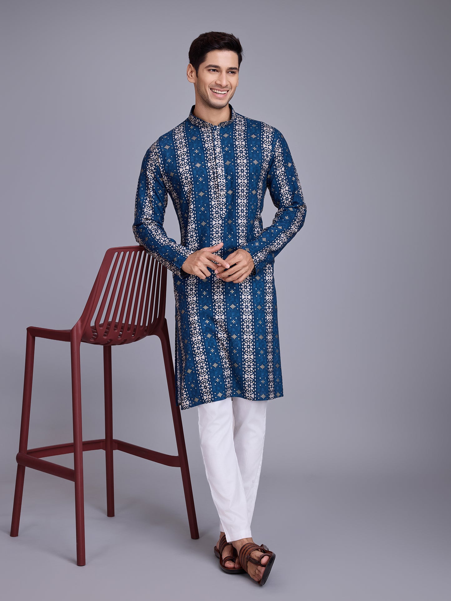 Luxurious Men's Kurta in Rich Fabrics and Colors for Navratri Festival