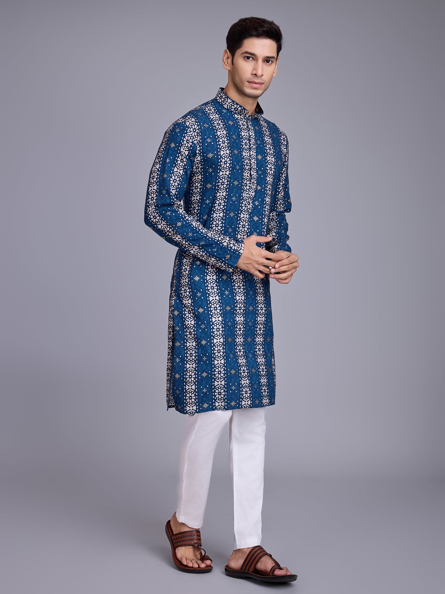 Luxurious Men's Kurta in Rich Fabrics and Colors for Navratri Festival