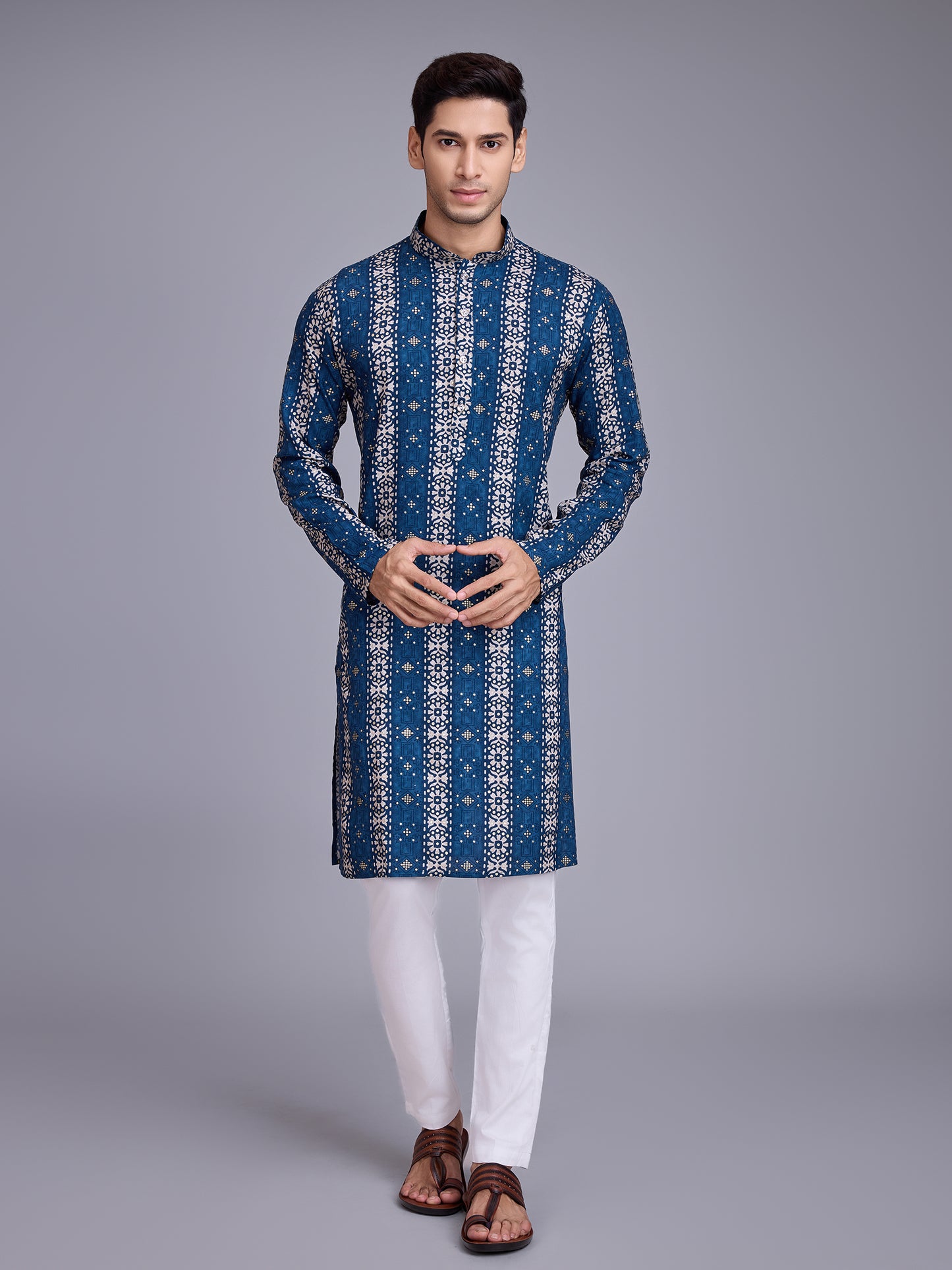 Luxurious Men's Kurta in Rich Fabrics and Colors for Navratri Festival