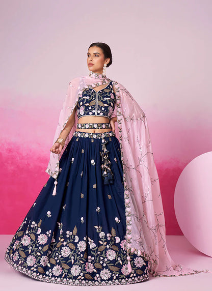 Richly Embroidered Deep Blue Bridal Lehenga Choli