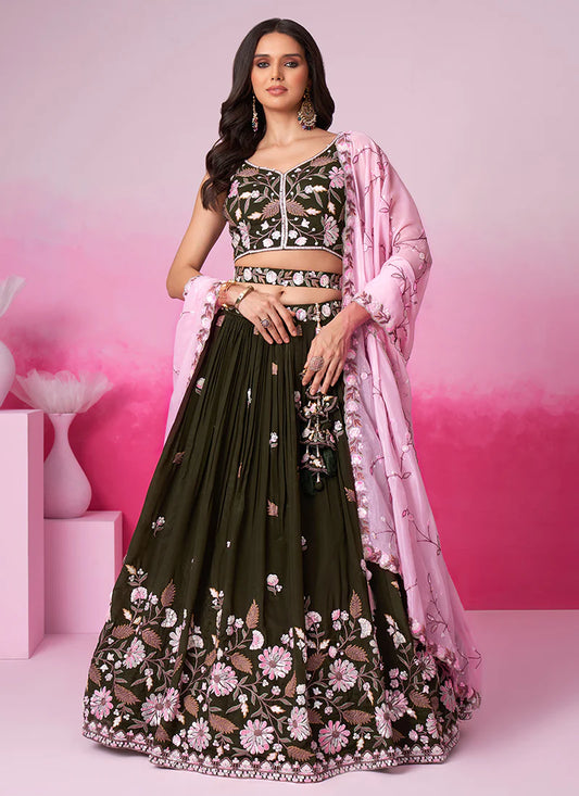 Richly Embroidered Deep Olive Bridal Lehenga Choli