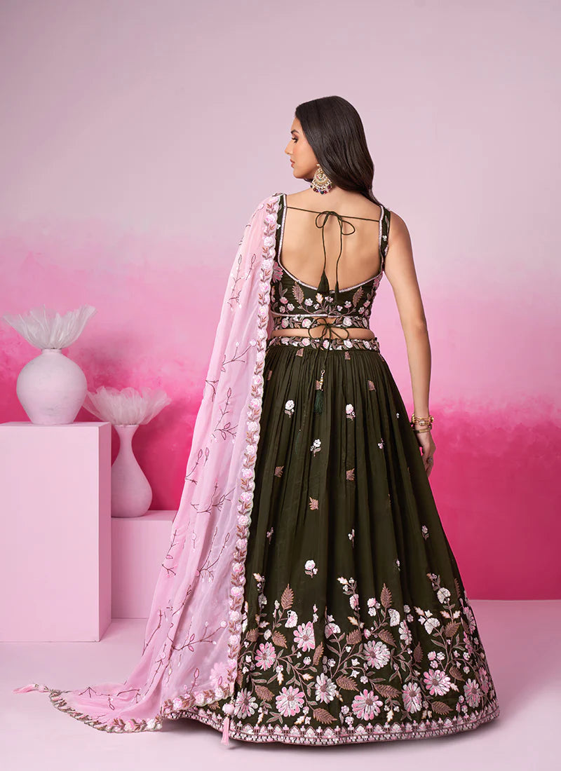 Richly Embroidered Deep Olive Bridal Lehenga Choli