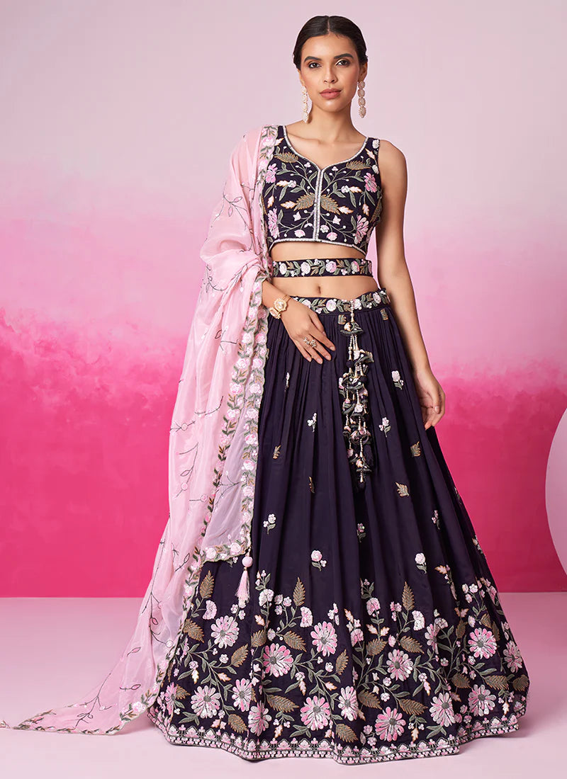 Richly Embroidered Deep Purple Bridal Lehenga Choli