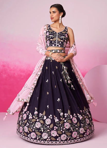 Richly Embroidered Deep Purple Bridal Lehenga Choli