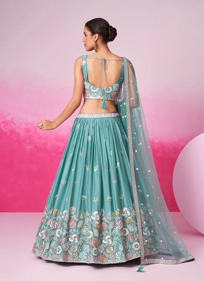 Richly Embroidered Teal Blue Bridal Lehenga Choli