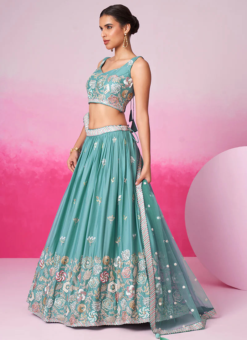 Richly Embroidered Teal Blue Bridal Lehenga Choli