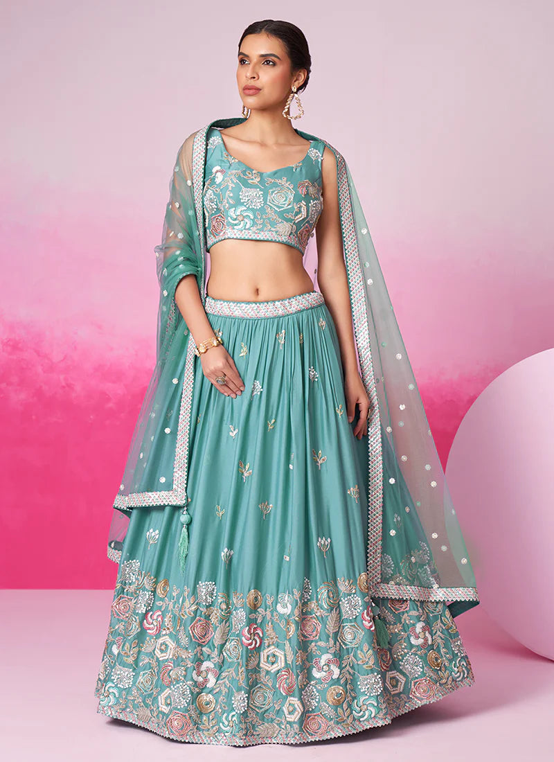 Richly Embroidered Teal Blue Bridal Lehenga Choli