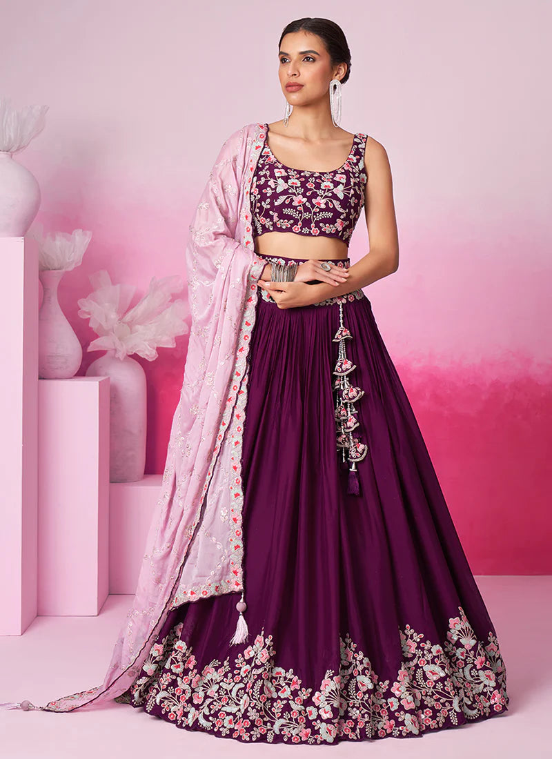 Elegant Deep Wine Bridal Lehenga Choli with Multi-Hued Embroidery